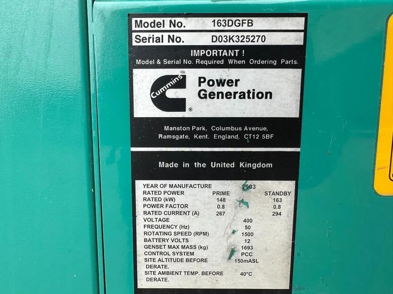 Cummins 6CTA8.3-G2 Stamford 163 kVA generatorset ex Emergency Stroomgroep Aggregaat - Generator set: picture 2