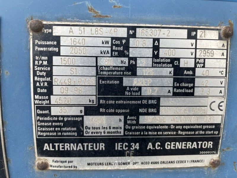 Generator set Leroy Somer A51 L8S-4P Alternator 2050 kVA generatordeel: picture 4