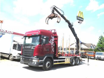 Forestry trailer, Truck Scania R 560 6x4 Holztransporter Kurzholz Greifer+Säge: picture 1