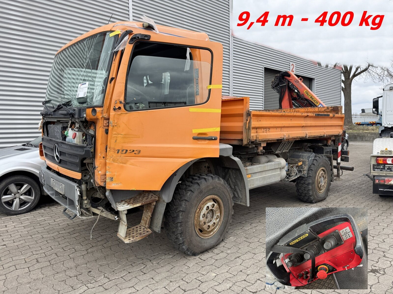 Mercedes-Benz Atego 1023 A 4x4 mit Unfallschaden! Atego 1023 A 4x4, Einzelbereifung, Heckkran Palfinger PK4501-B, Funk, UNFALLSCHADEN! - Cab chassis truck, Crane truck: picture 1 Mercedes-Benz Atego 1023 A 4x4 mit Unfallschaden! Atego 1023 A 4x4, Einzelbereifung, Heckkran Palfinger PK4501-B, Funk, UNFALLSCHADEN! - Cab chassis truck, Crane truck: picture 1
