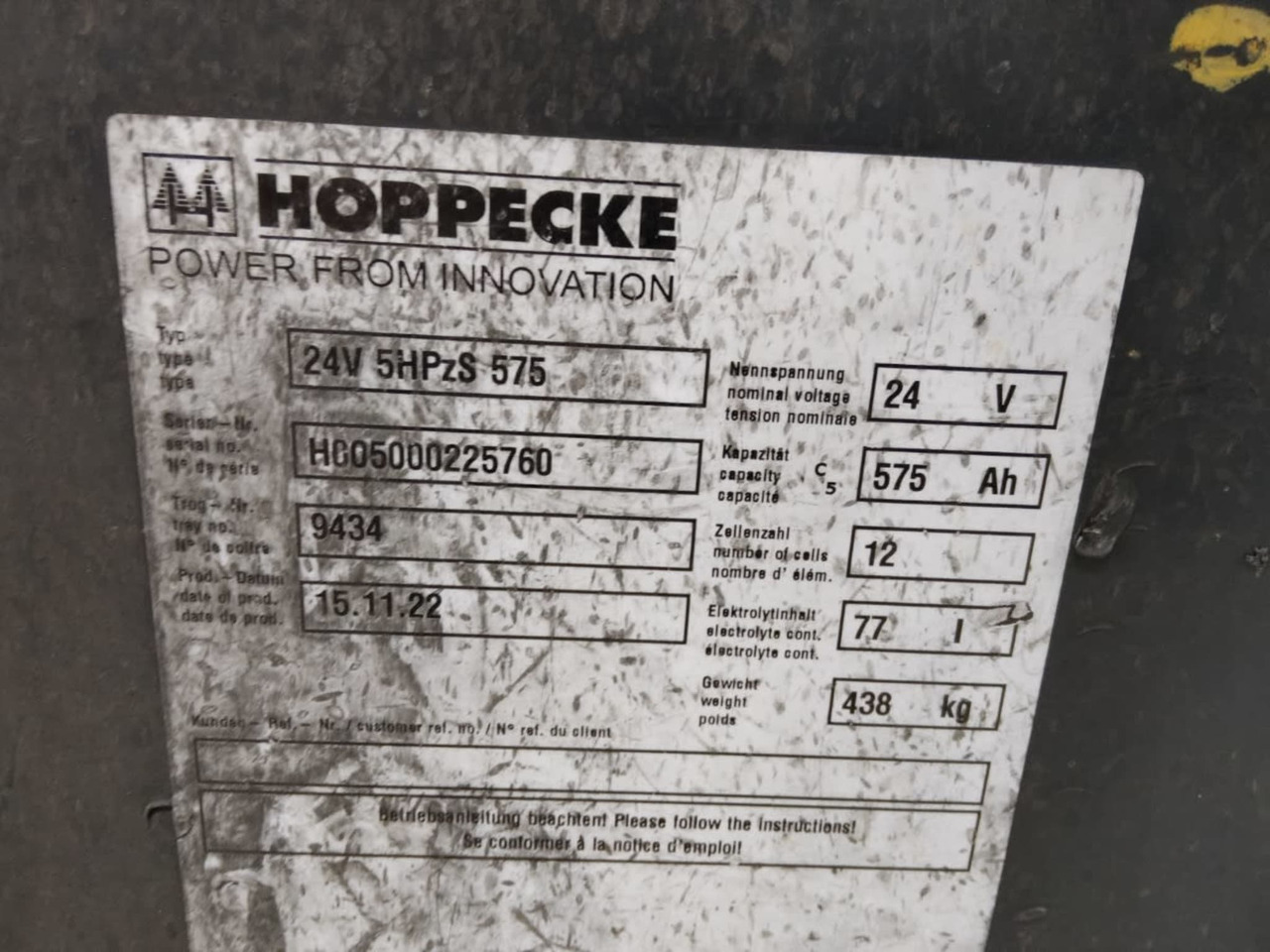 HOPPECKE Battery 24V 575Ah - Battery for Material handling equipment: picture 2 HOPPECKE Battery 24V 575Ah - Battery for Material handling equipment: picture 2