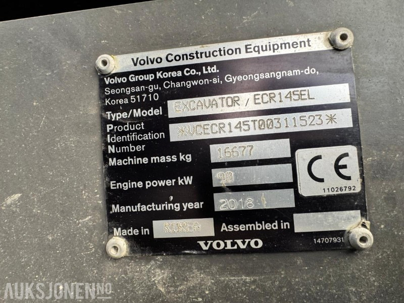 Excavator 2018 Volvo ECR145EL - 16,5 tonns gravemaskin - Knekkbom - Leica GPS - Sentralsmøring - Bunkringspumpe - 2 skuffer - Sertifiseres før salg: picture 11