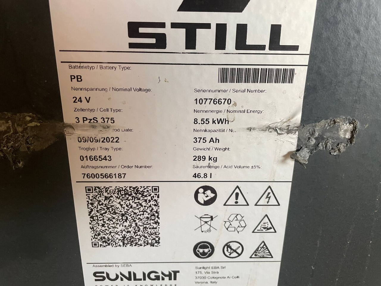 Sunlight I 24 Volt I 3 PzS 375 - Battery for Material handling equipment: picture 2 Sunlight I 24 Volt I 3 PzS 375 - Battery for Material handling equipment: picture 2