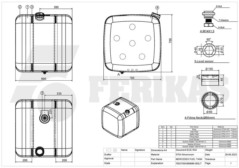 New Fuel tank for Truck Mercedes-Benz New aluminum fuel tank 300L: picture 8 New Fuel tank for Truck Mercedes-Benz New aluminum fuel tank 300L: picture 8