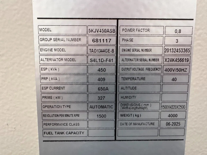 Volvo TAD 1344 GE Stamford 450 kVA Supersilent generatorset New ! - Generator set: picture 3 Volvo TAD 1344 GE Stamford 450 kVA Supersilent generatorset New ! - Generator set: picture 3