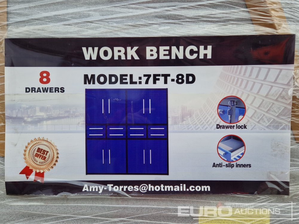 Unused 2024 Steelman 7’ Work Bench With 8 Drawers & 2 Cabinets. Packed In Plastics, Drawers With Lock & Anti-Slip Inners, Using New 3 Rail Sliding - Workshop equipment: picture 2 Unused 2024 Steelman 7’ Work Bench With 8 Drawers & 2 Cabinets. Packed In Plastics, Drawers With Lock & Anti-Slip Inners, Using New 3 Rail Sliding - Workshop equipment: picture 2